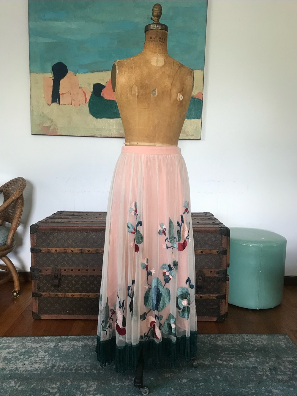Anthropologie Blush Pink Sheer Maxi Skirt with Green & Red Floral Embroidery